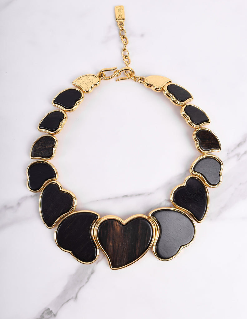Yves Saint Laurent Vintage Golden Ebony Wood Heart Necklace