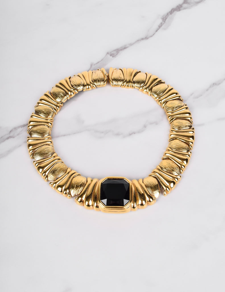 Yves Saint Laurent Vintage Black Gem and Golden Link Collar Necklace