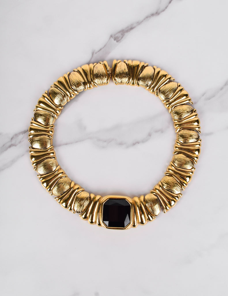 Yves Saint Laurent Vintage Black Gem and Golden Link Collar Necklace