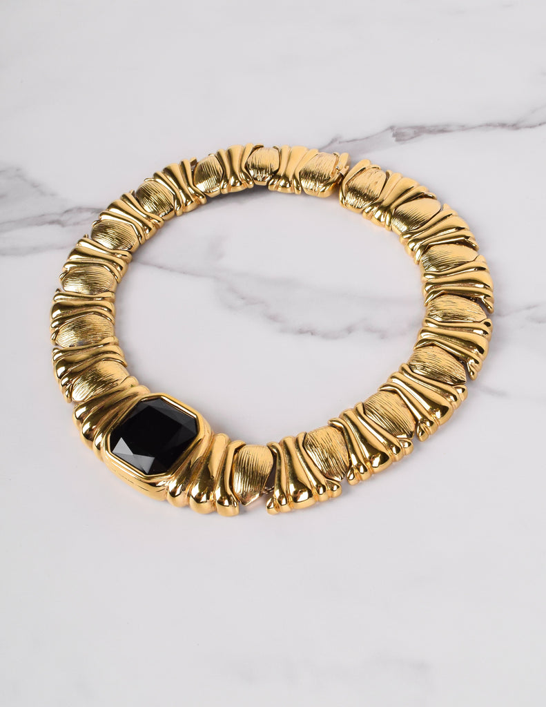 Yves Saint Laurent Vintage Black Gem and Golden Link Collar Necklace