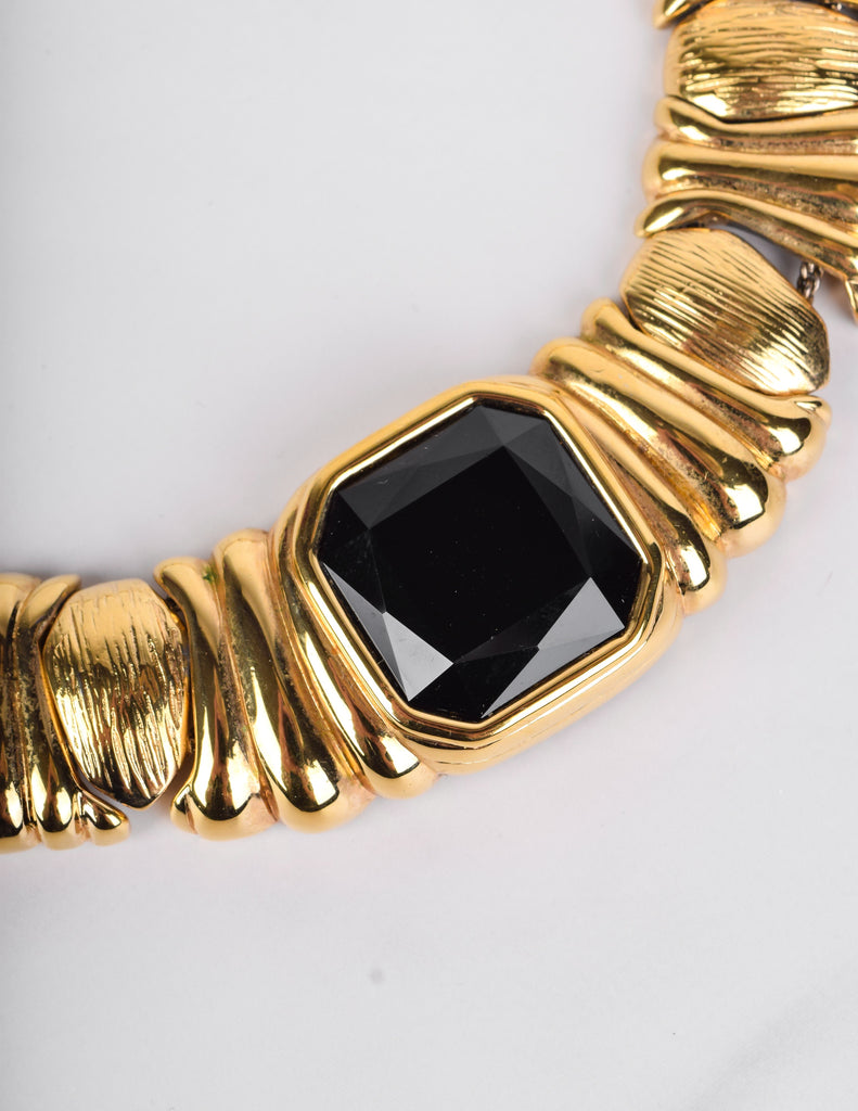 Yves Saint Laurent Vintage Black Gem and Golden Link Collar Necklace