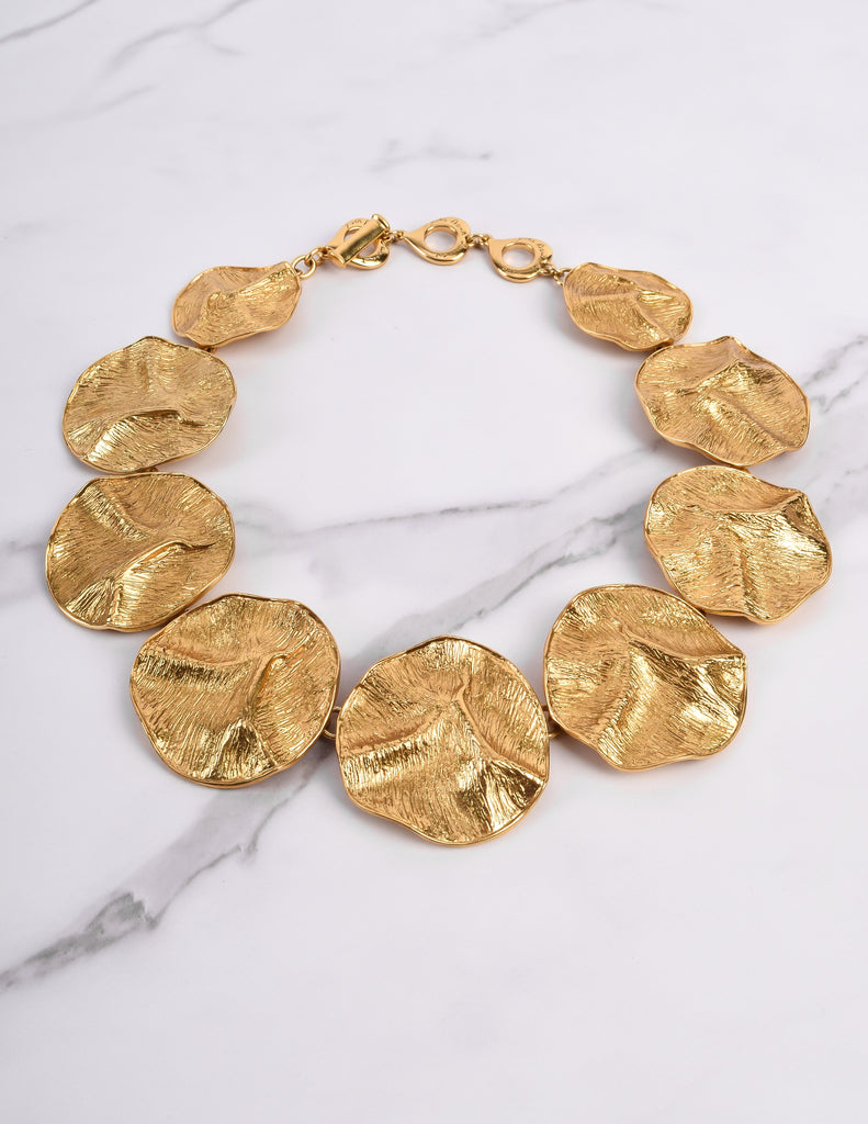 Yves Saint Laurent Vintage Phenomenal Golden Crinkled Disc Statement Necklace
