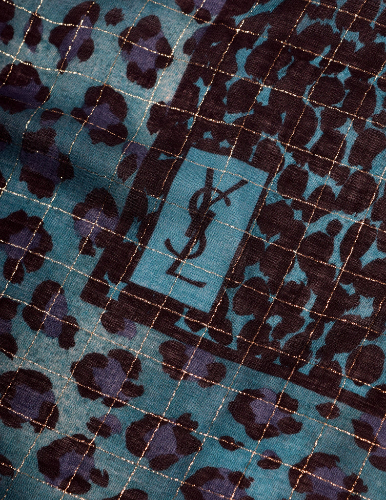 Yves Saint Laurent Vintage 1980s Purple Teal Green Black Leopard Print Golden Lurex Large Wool Pashmina Shawl Scarf