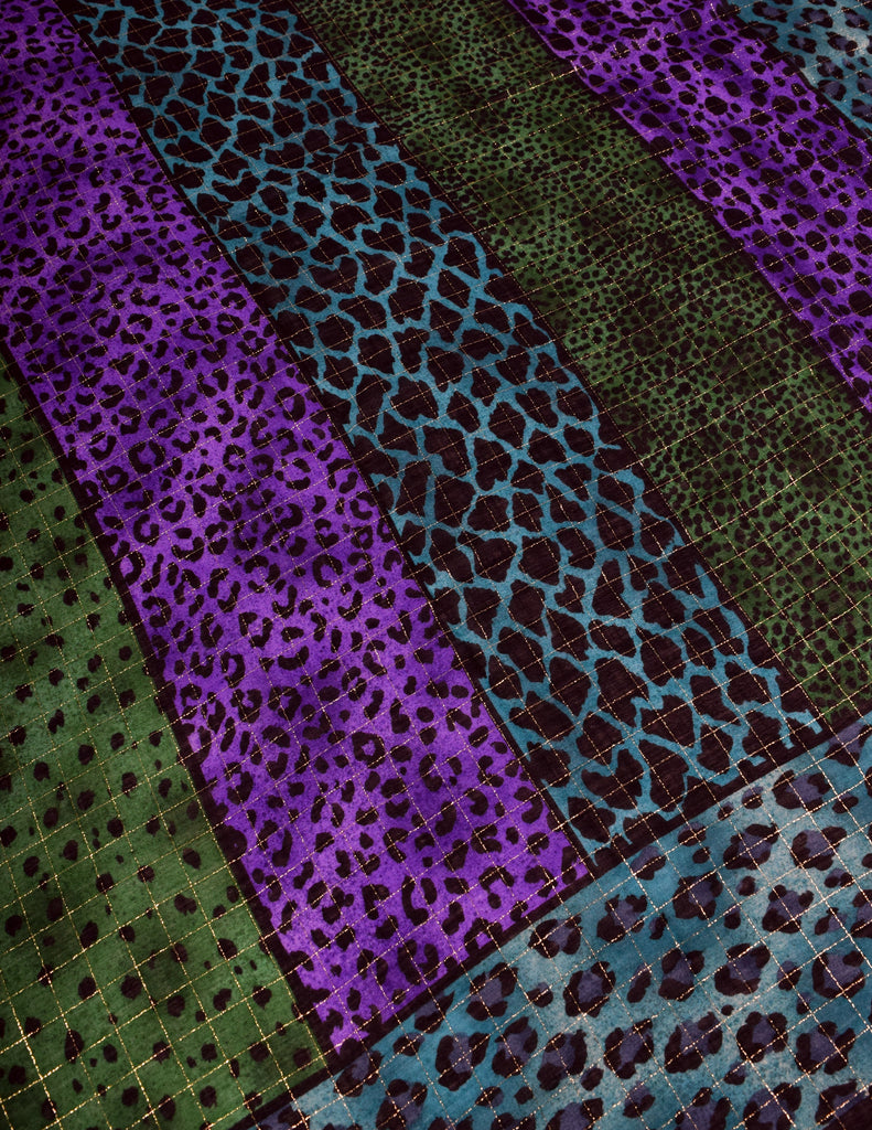 Yves Saint Laurent Vintage 1980s Purple Teal Green Black Leopard Print Golden Lurex Large Wool Pashmina Shawl Scarf