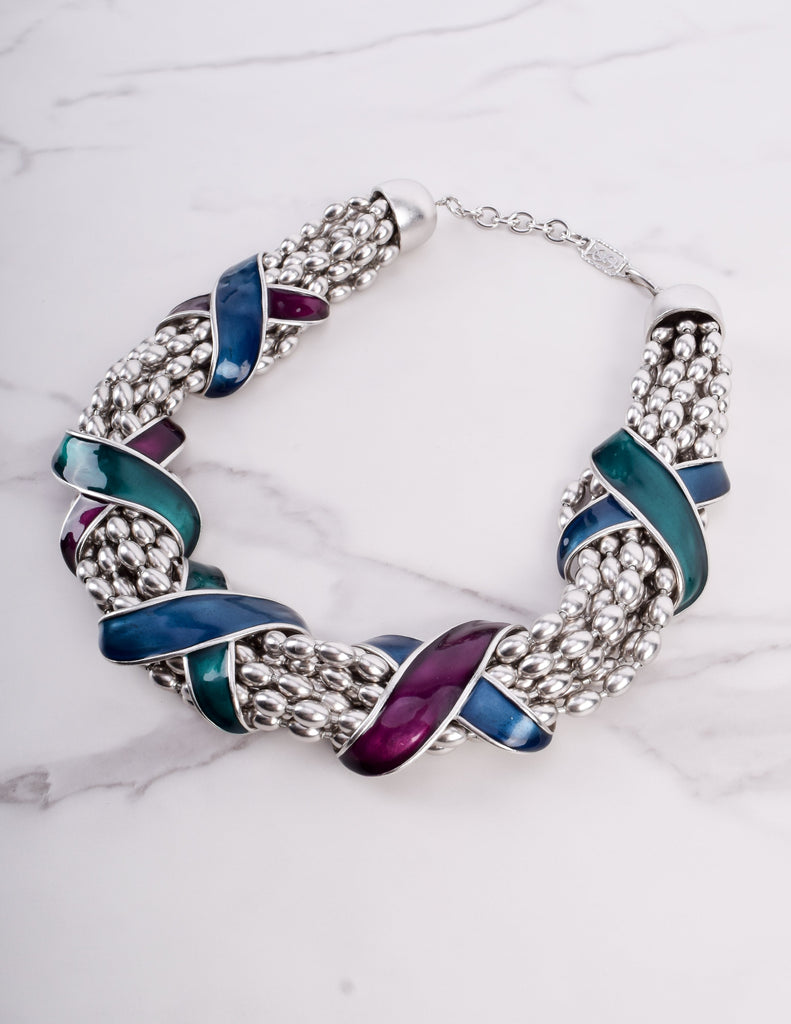 Yves Saint Laurent Vintage Silver Satin Chunky Multistrand Enamel X Necklace and Earring Set