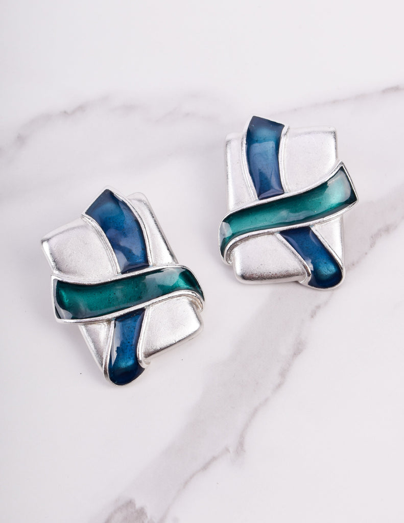 Yves Saint Laurent Vintage Silver Satin Chunky Multistrand Enamel X Necklace and Earring Set