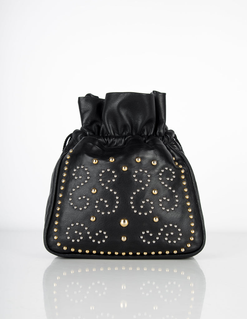Yves Saint Laurent Vintage Silver and Gold Studded Black Leather Drawstring Crossbody Bag