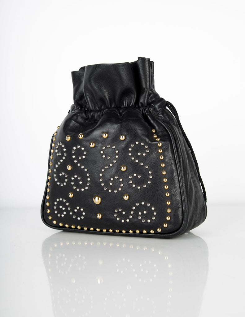 Yves Saint Laurent Vintage Silver and Gold Studded Black Leather Drawstring Crossbody Bag
