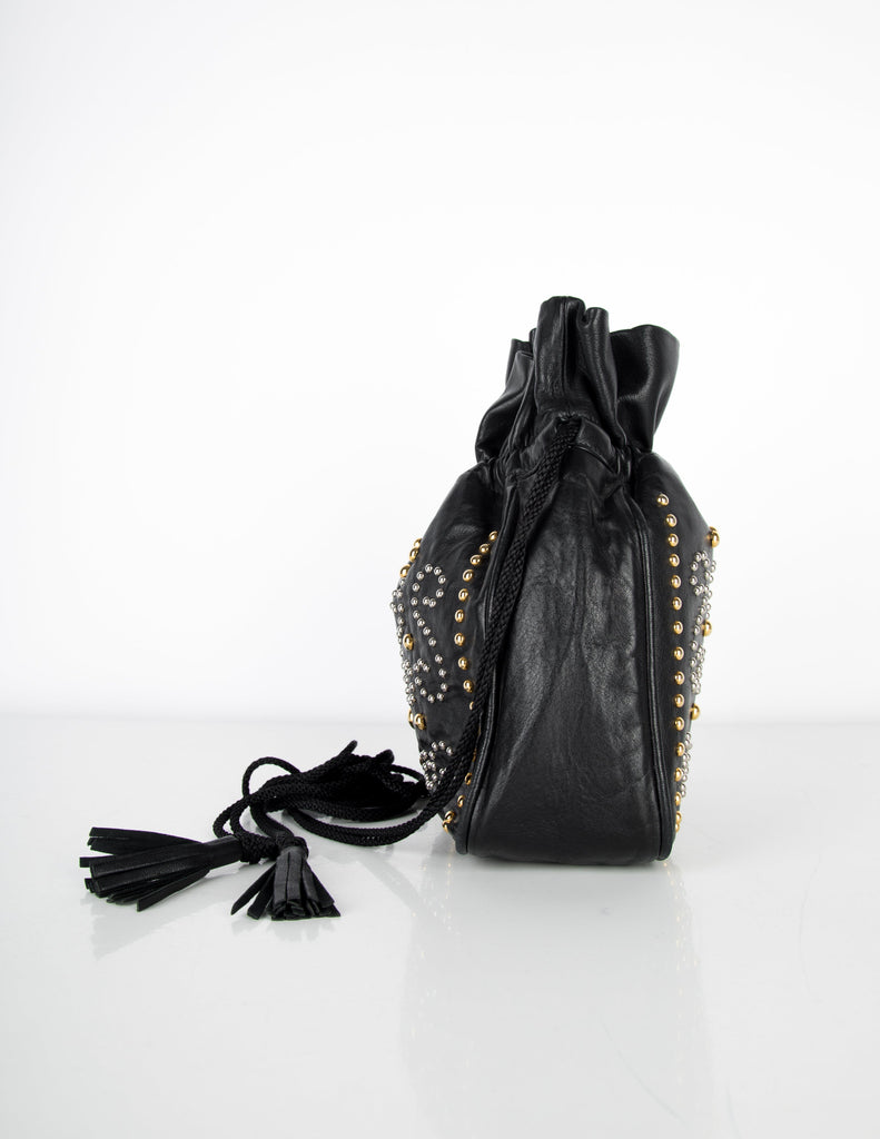 Yves Saint Laurent Vintage Silver and Gold Studded Black Leather Drawstring Crossbody Bag