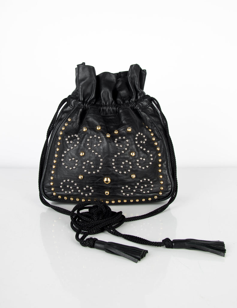 Yves Saint Laurent Vintage Silver and Gold Studded Black Leather Drawstring Crossbody Bag