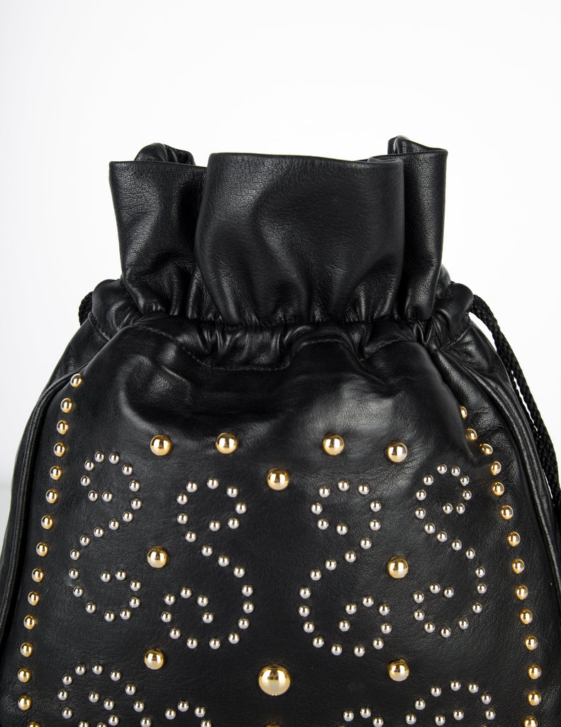 Yves Saint Laurent Vintage Silver and Gold Studded Black Leather Drawstring Crossbody Bag