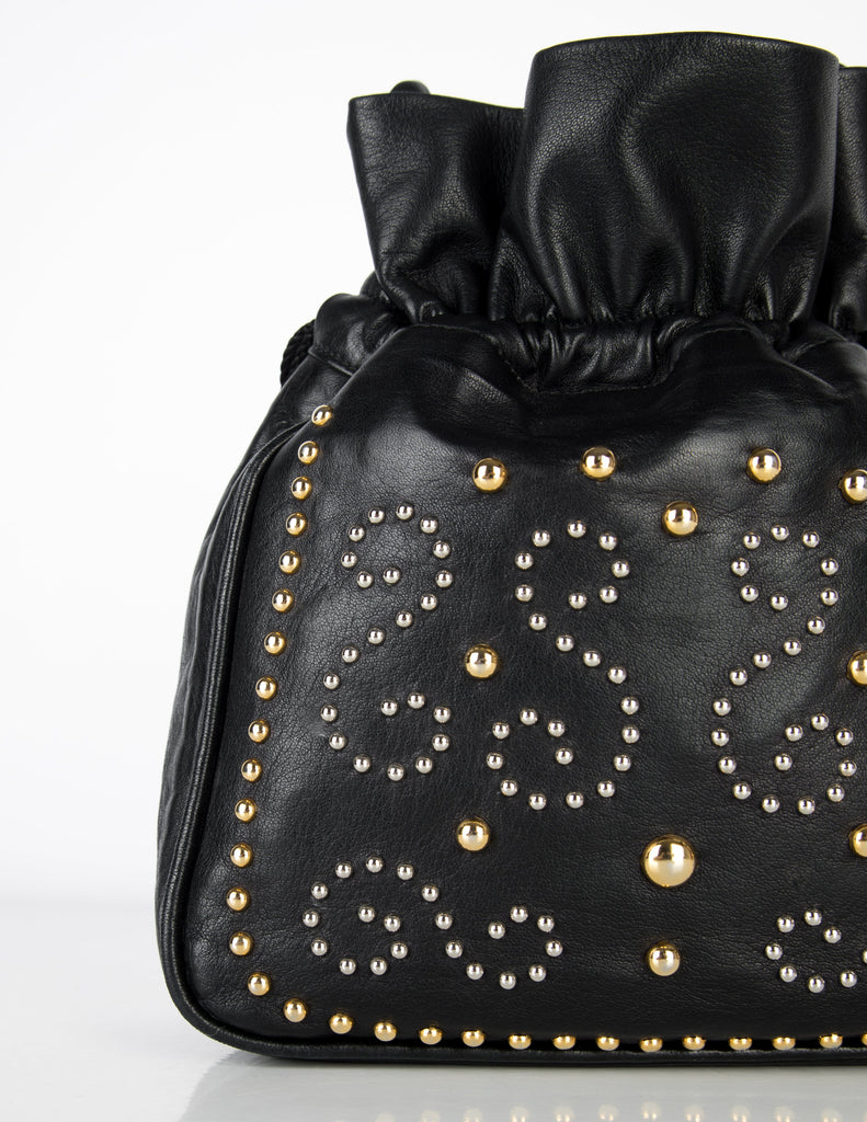 Yves Saint Laurent Vintage Silver and Gold Studded Black Leather Drawstring Crossbody Bag