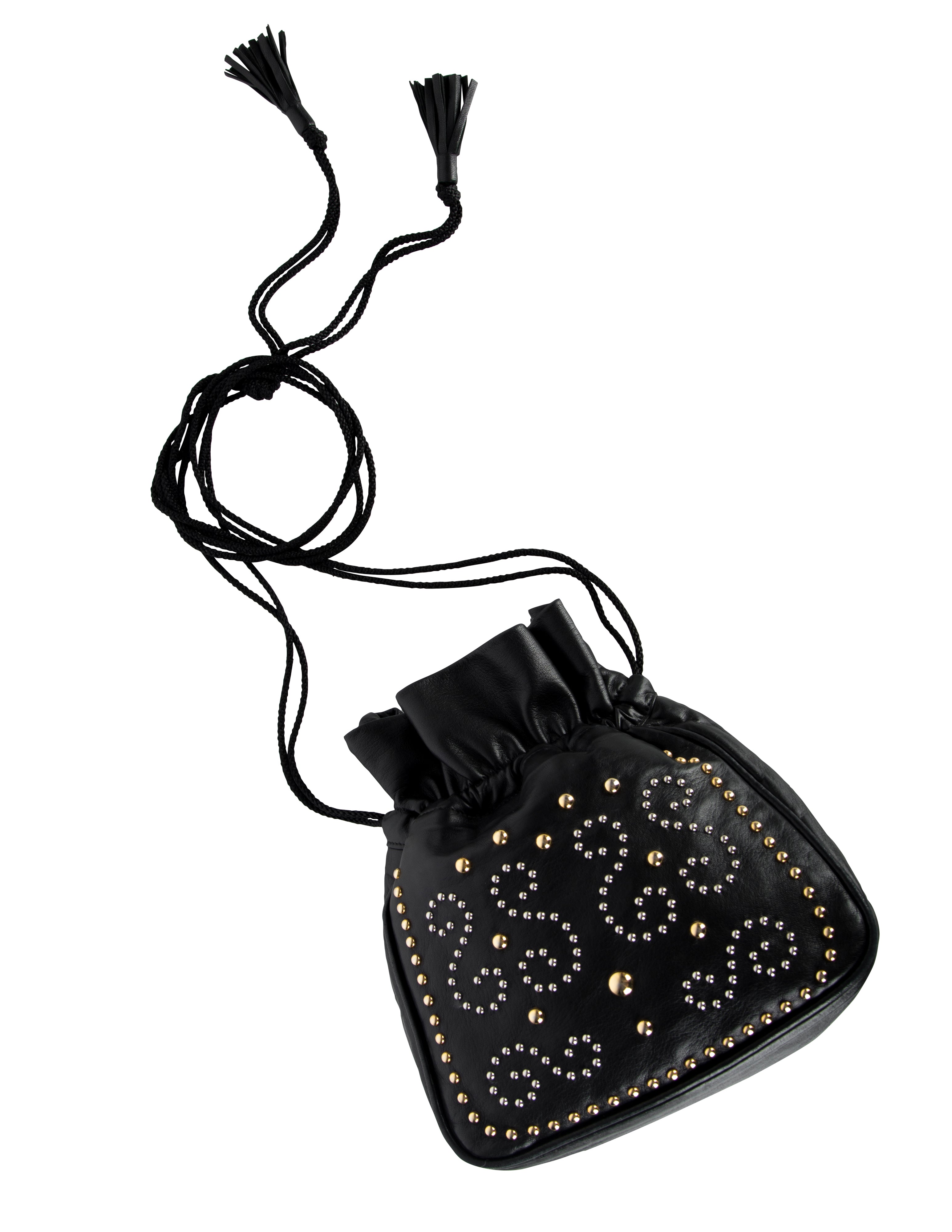 Yves Saint Laurent Vintage Silver and Gold Studded Black Leather Drawstring Crossbody Bag