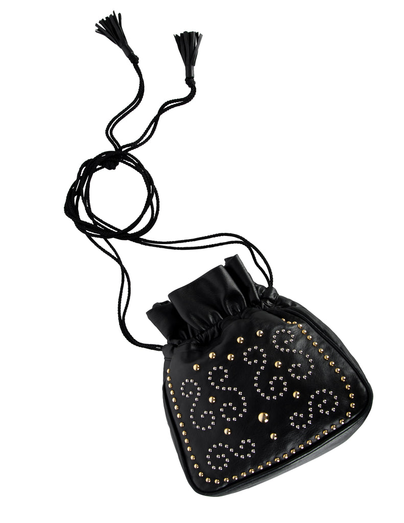 Yves Saint Laurent Vintage Silver and Gold Studded Black Leather Drawstring Crossbody Bag