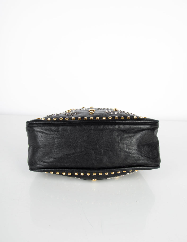 Yves Saint Laurent Vintage Silver and Gold Studded Black Leather Drawstring Crossbody Bag