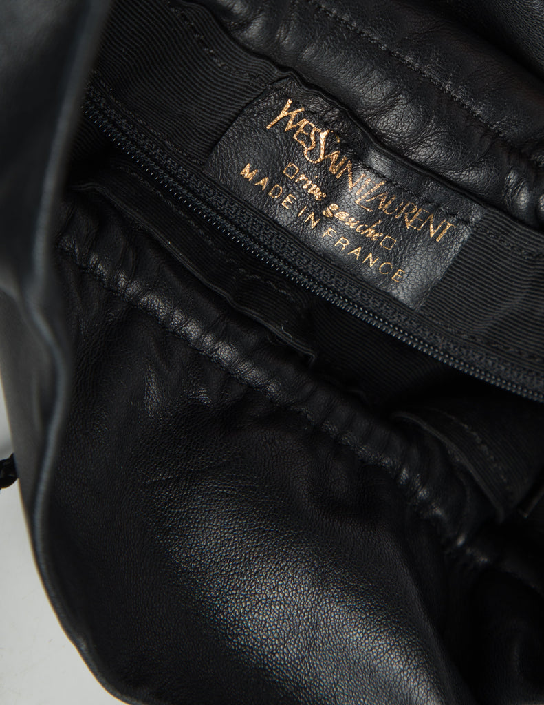 Yves Saint Laurent Vintage Silver and Gold Studded Black Leather Drawstring Crossbody Bag