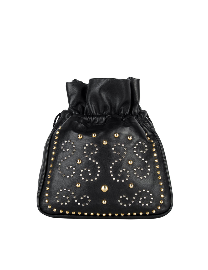 Yves Saint Laurent Vintage Silver and Gold Studded Black Leather Drawstring Crossbody Bag