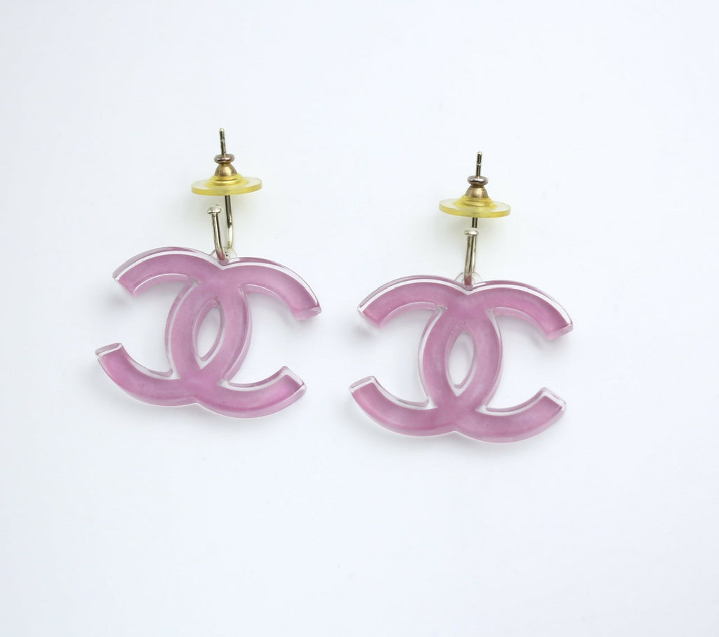 Chanel Vintage 07P Resin Pink and Clear Large CC Drop Hoop Earrings
