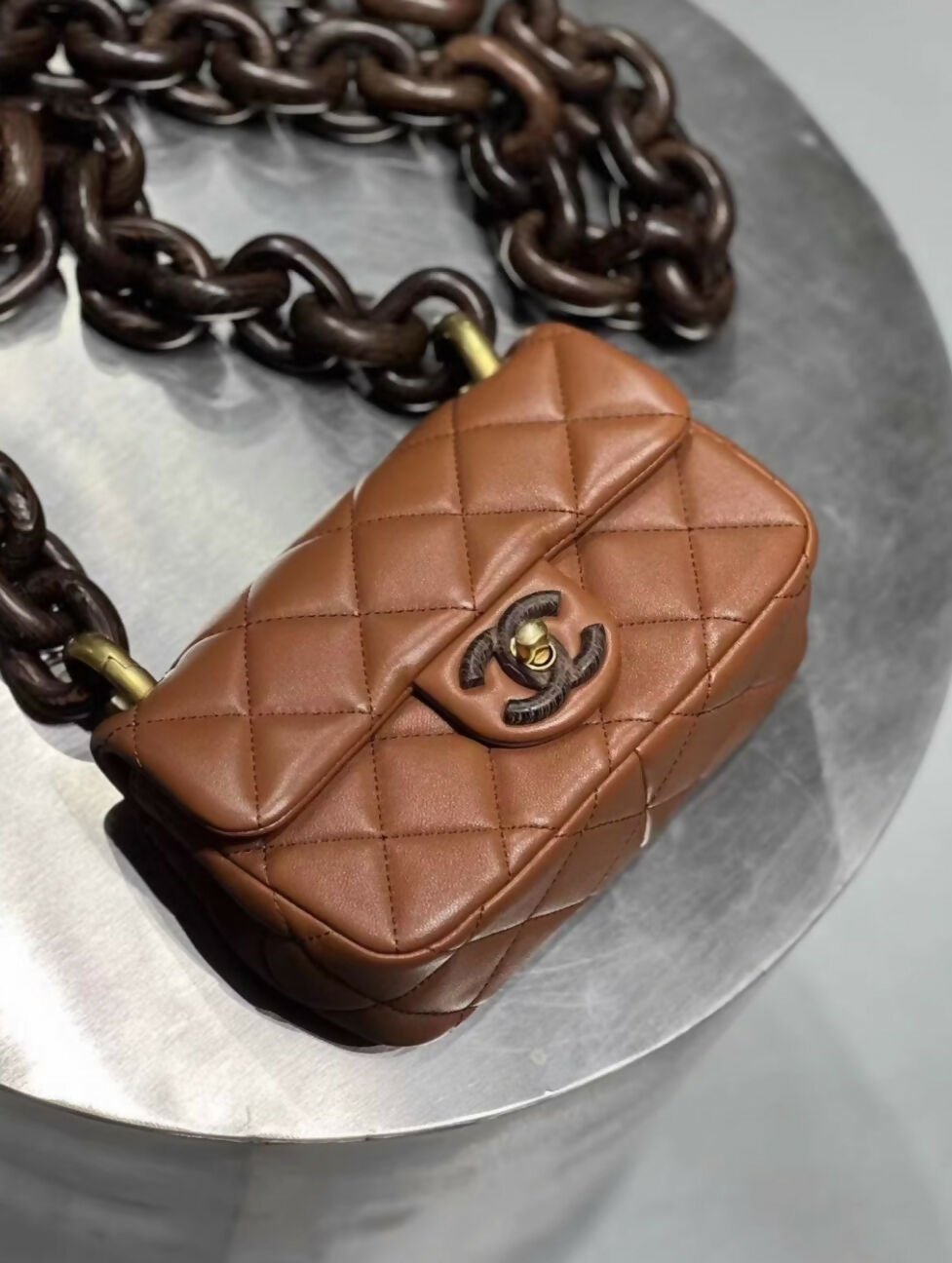 CHANEL CARAMEL BROWN PARIS-DAKAR WENGE WOOD MINI RECTANGULAR FLAP BAG