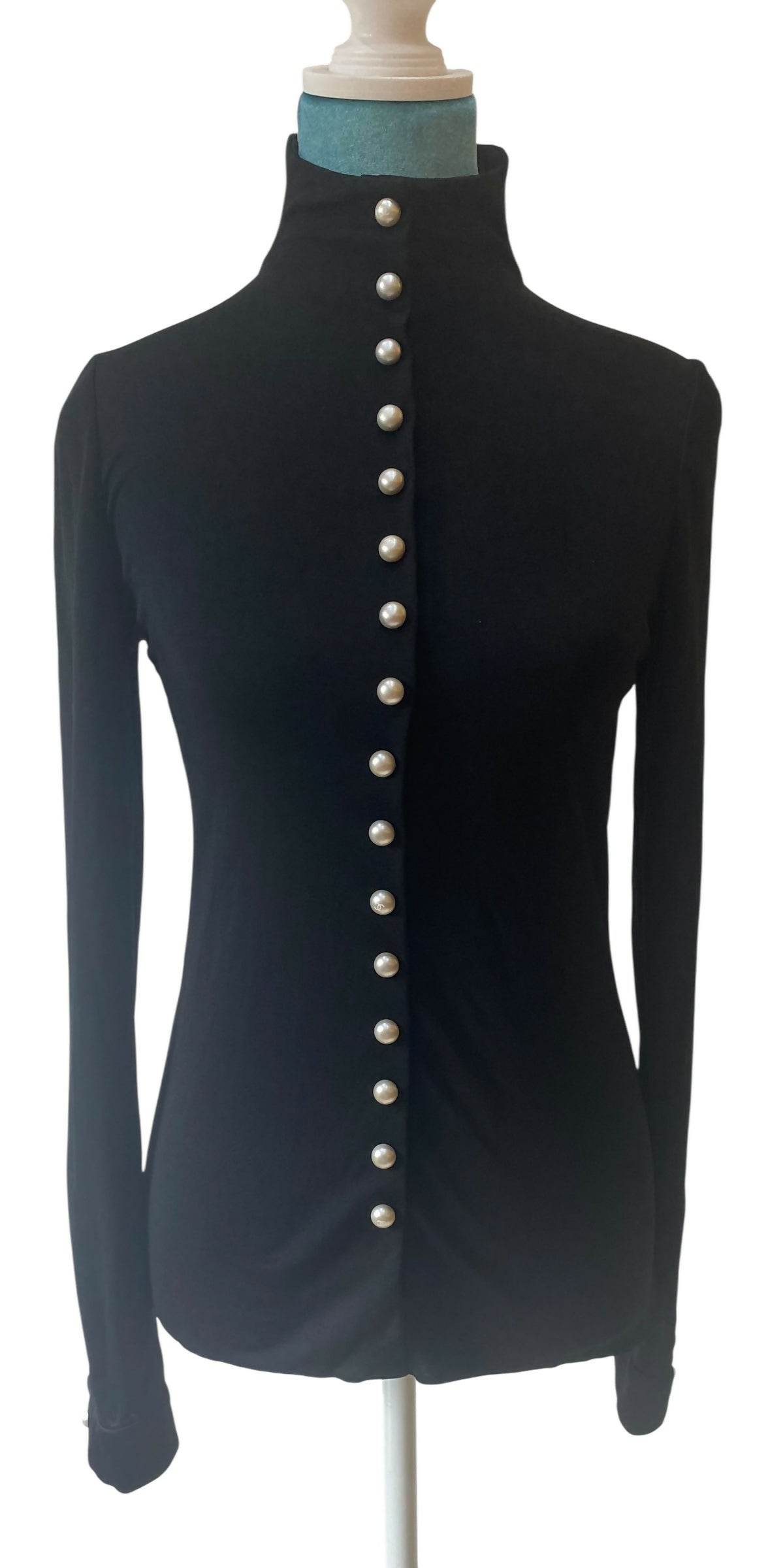 CHANEL 13P BLACK BLOUSE TOP PEARL CC BUTTONS FR 36