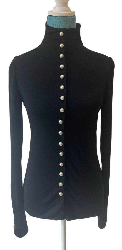 CHANEL 13P BLACK BLOUSE TOP PEARL CC BUTTONS FR 36