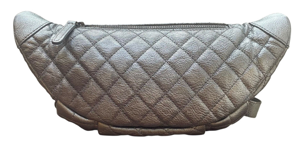 Chanel Classic Quilted Metallic Silver Goatskin Banana Waist Bag Fanny Pack