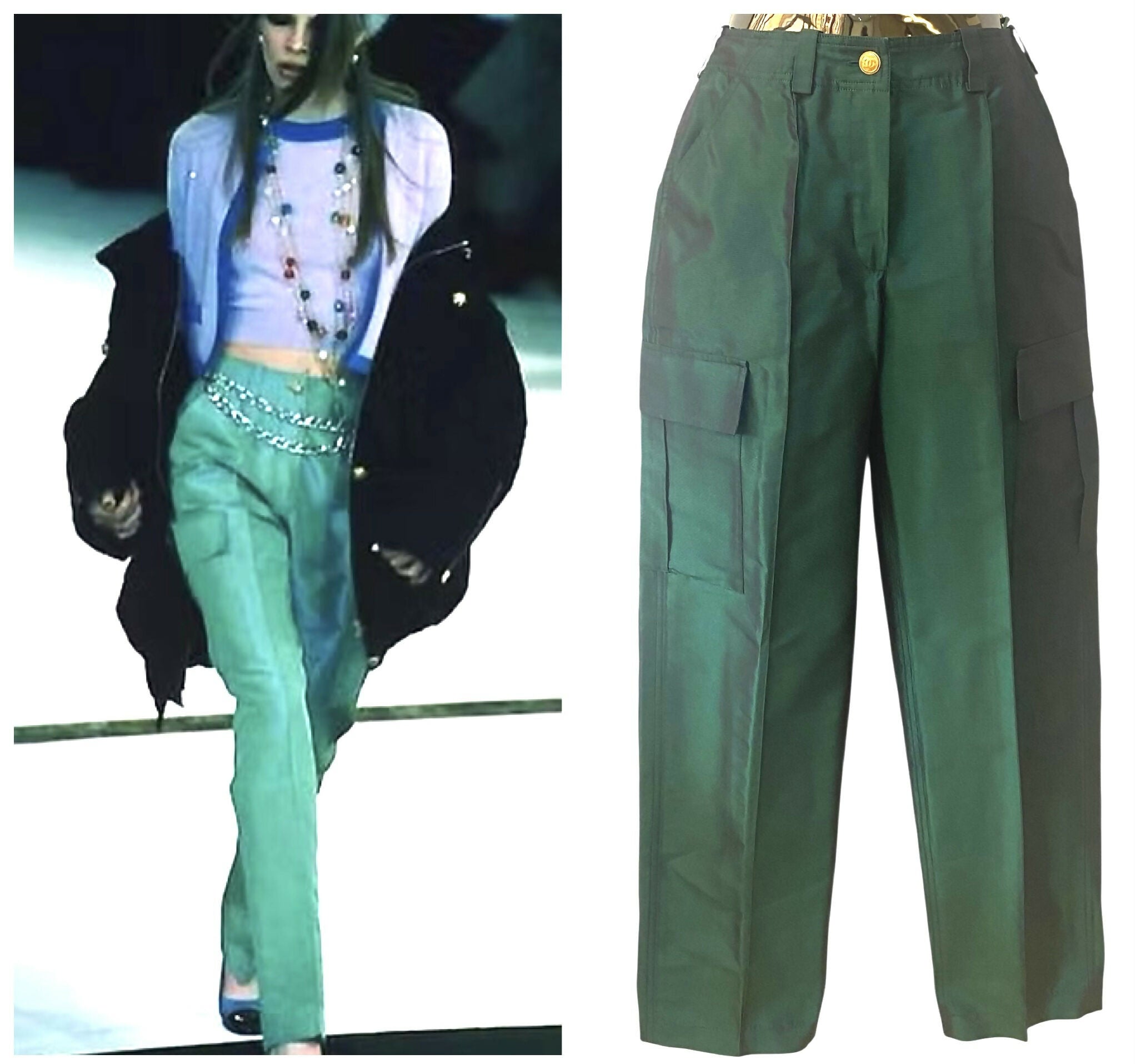 Vintage Chanel 96A Runway Iridescent Green Cargo Army Pants Trousers FR 34/36
