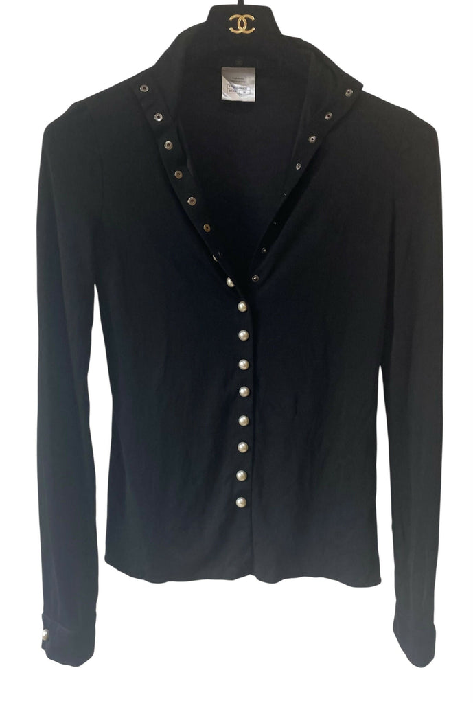 CHANEL 13P BLACK BLOUSE TOP PEARL CC BUTTONS FR 36