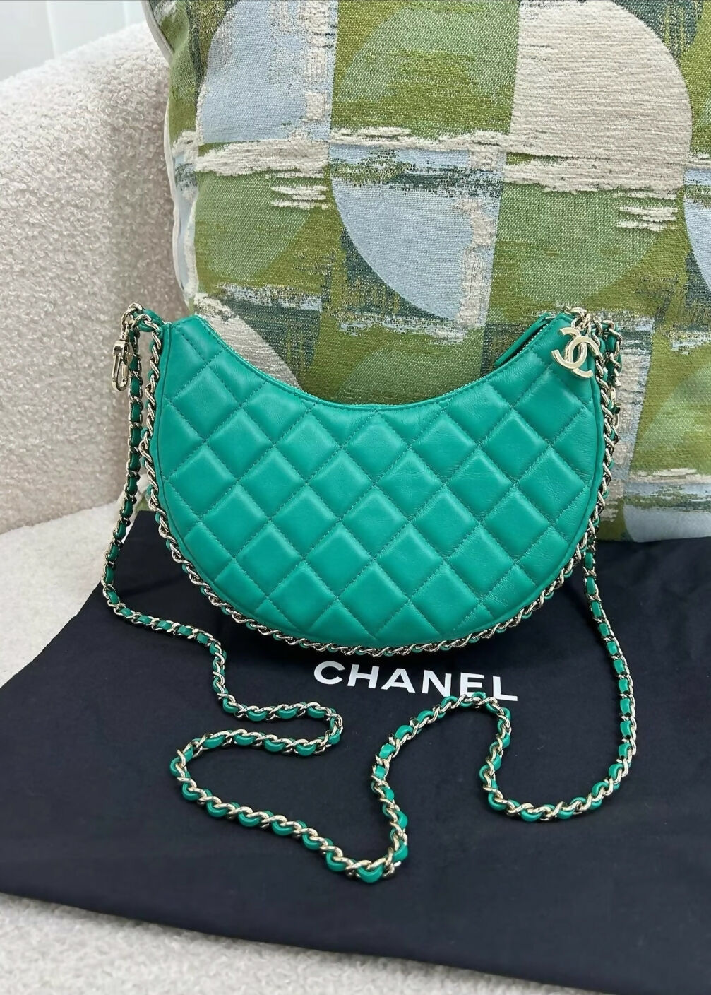 CHANEL 23P SMALL MOON HOBO LAMBSKIN GREEN LIGHT GOLD HARDWARE