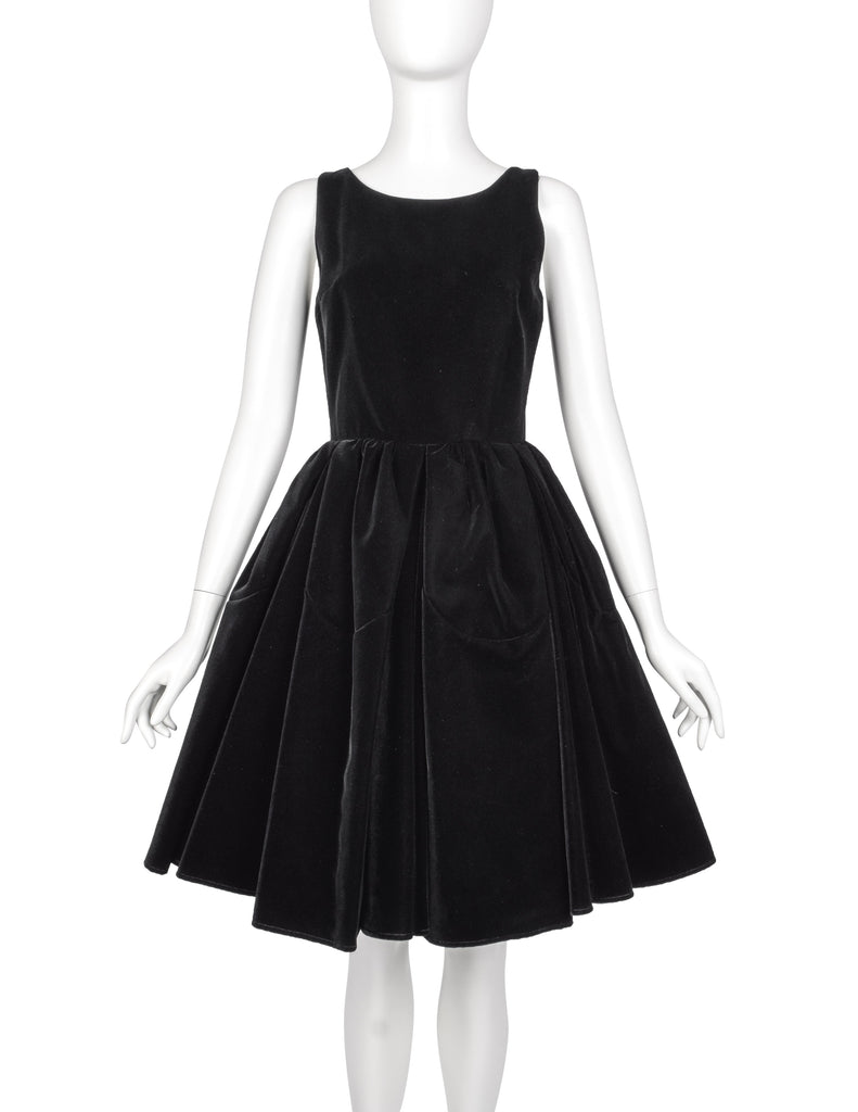 Azzedine Alaia Vintage Black Velvet Fit and Flare Full Skirt Dress