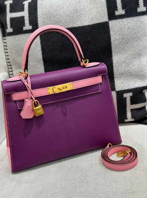 HERMES Kelly 28 Anemone/Rose Sakura  Epsom Leather Gold Hardware