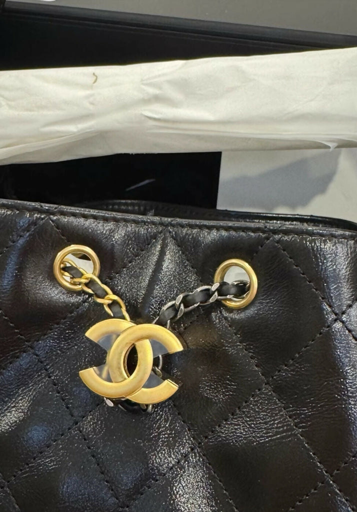 Chanel 25 bag black waxed leather with gold & silver hardware