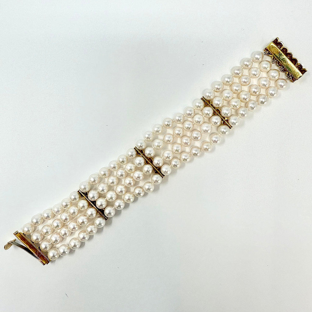 4 Strand Pearl Bracelet with Diamonds and 3 Diamond Bar Divider Bars