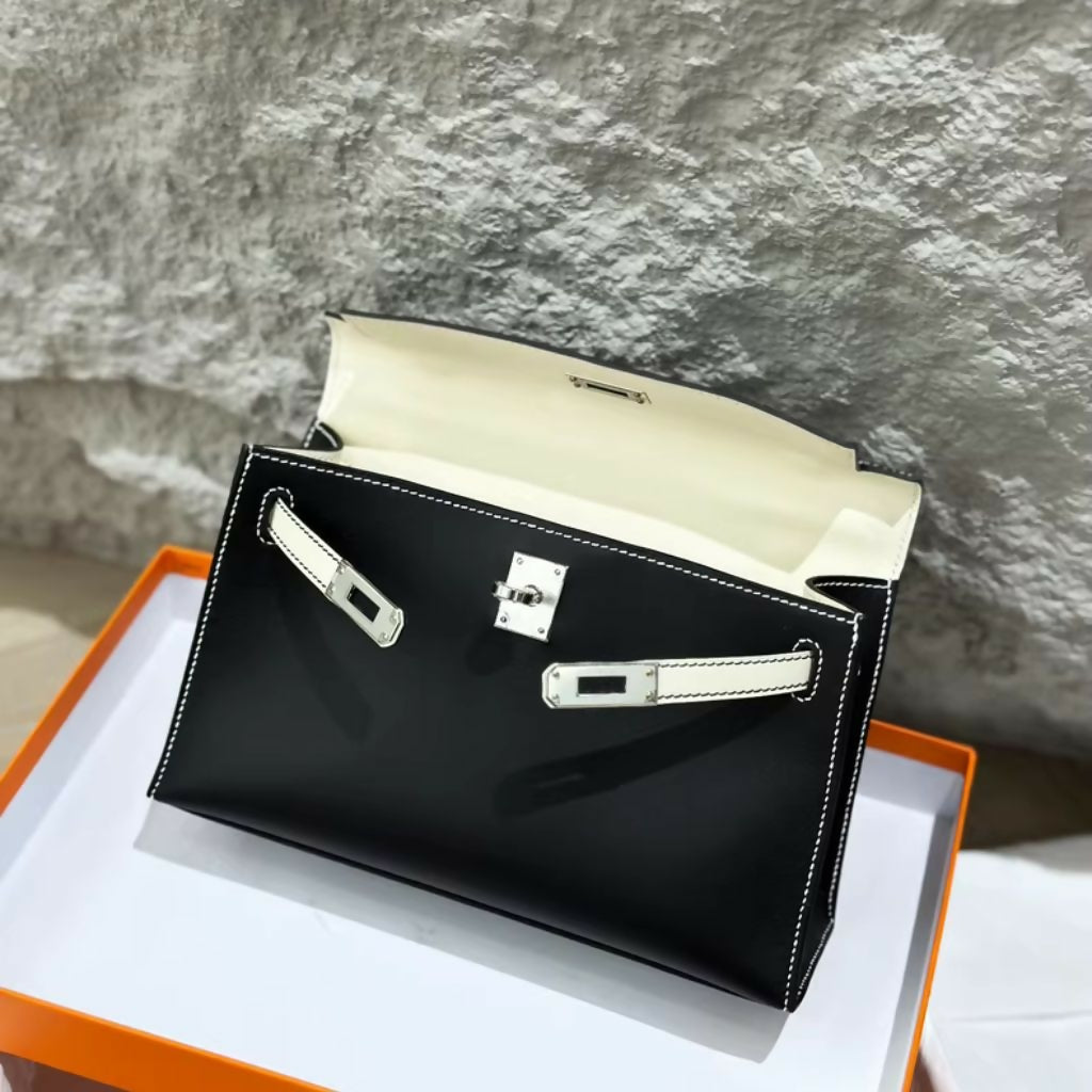 Hermes Mini Kelly Pochette Black & White Swift Leather Palladium Hardware