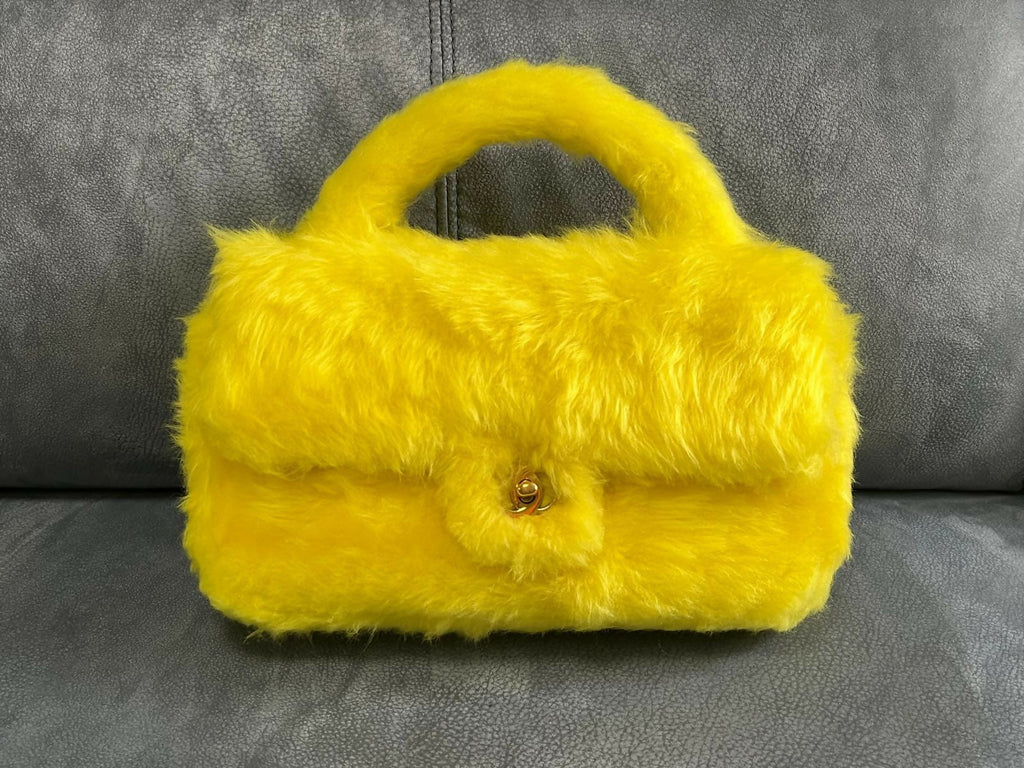 Chanel 1994 Vintage Yellow Faux Fur Kelly Bag