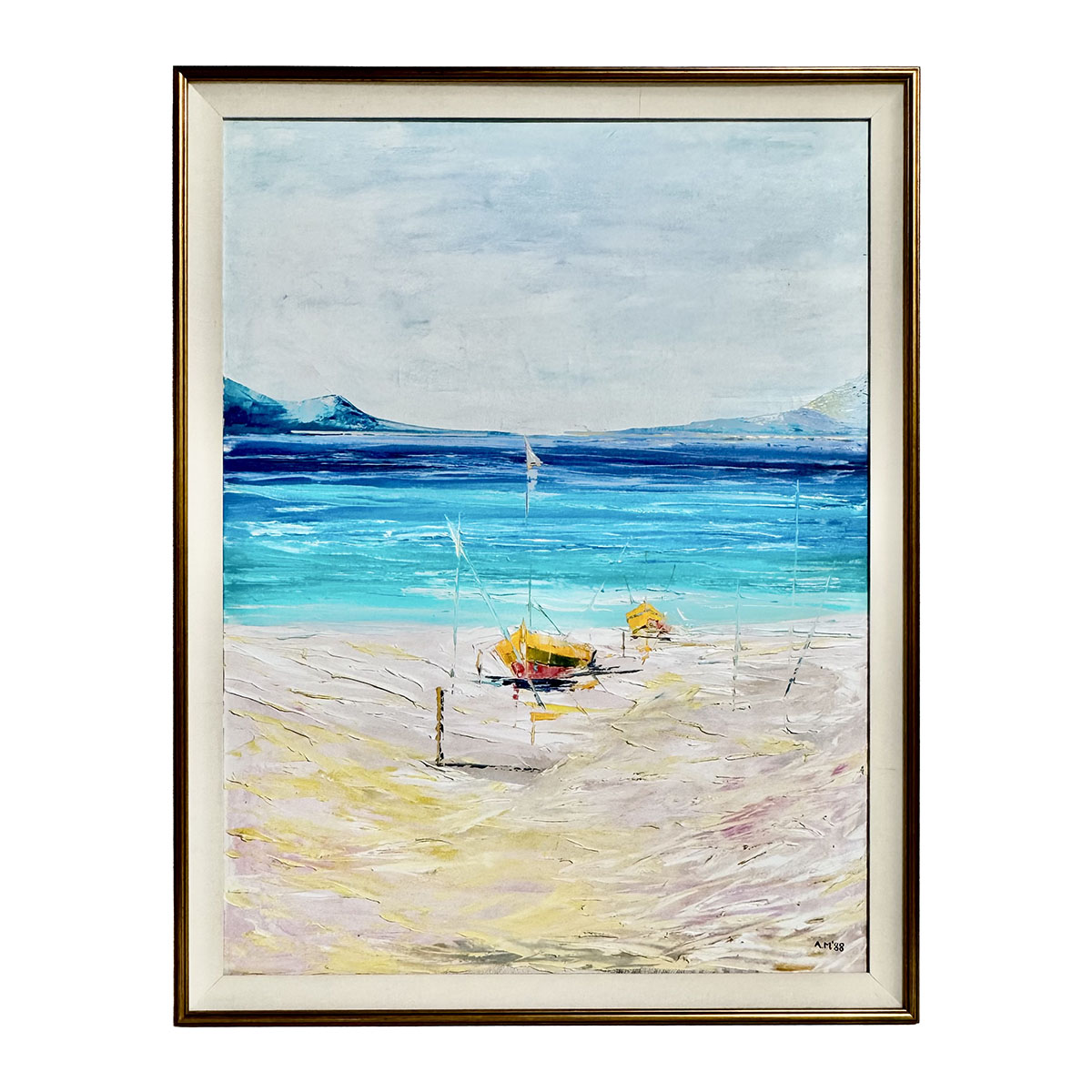 Original Seascape with Boats on the Shore, Signed and Dated '88