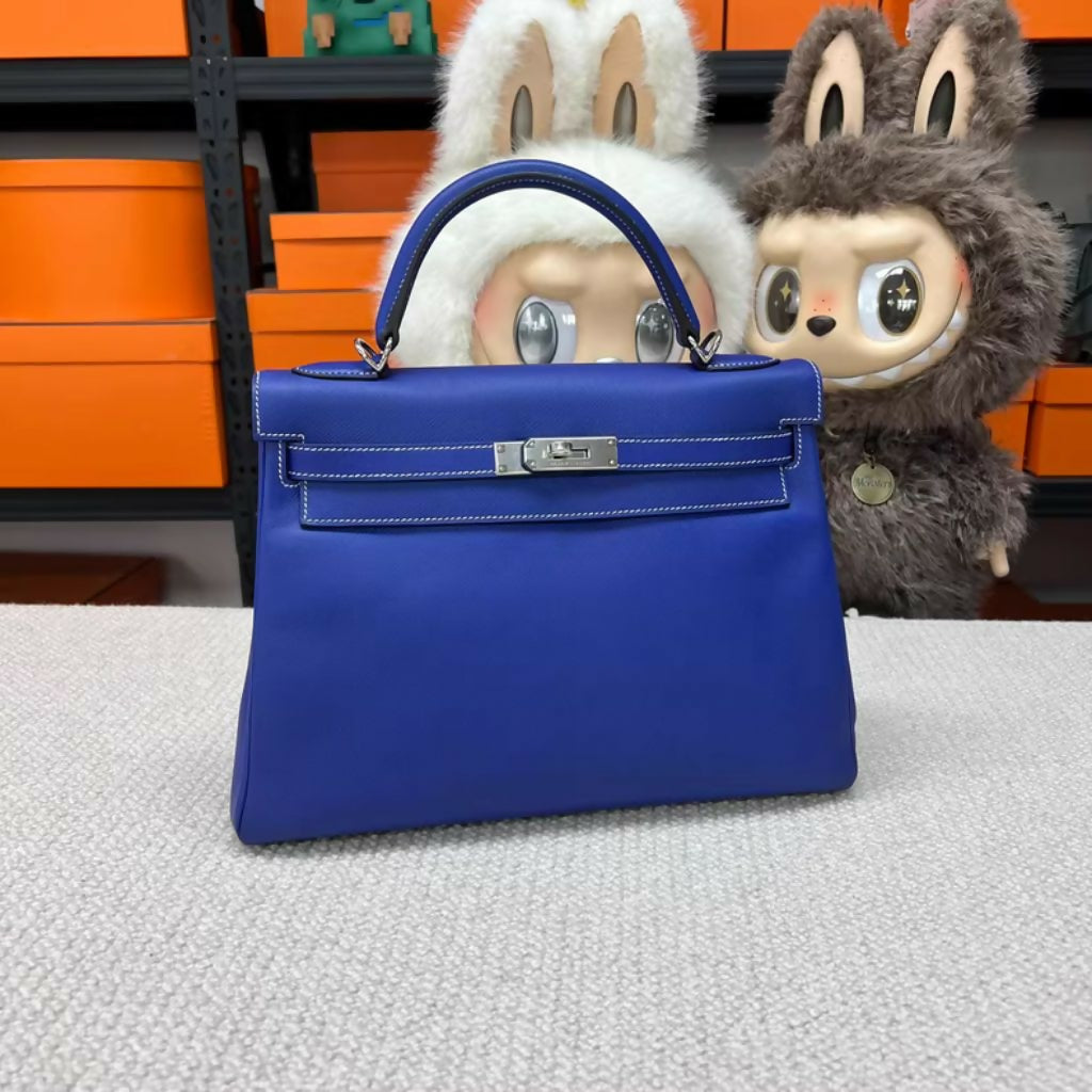Hermès Kelly 32 Blue Electric Epsom Leather Palladium Hardware