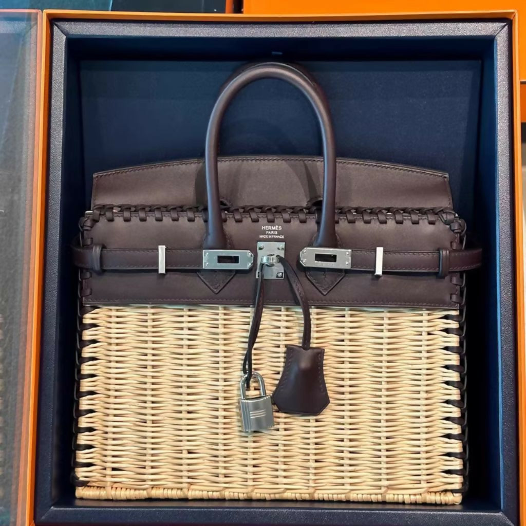 Hermès Picnic Birkin 25 Osier Wicker & Rouge Swift with Palladium Hardware