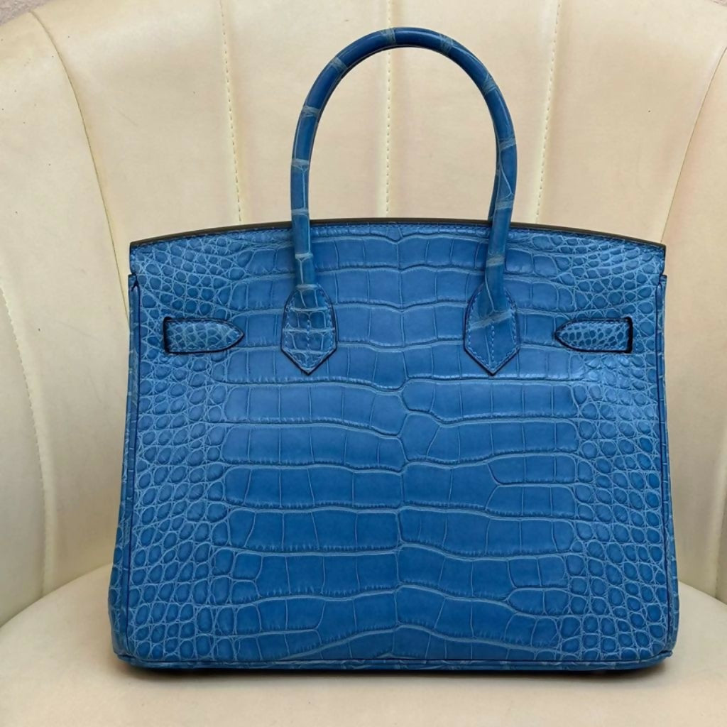 Hermes Birkin 30 Blue Matte Crocodile Leather Gold Hardware