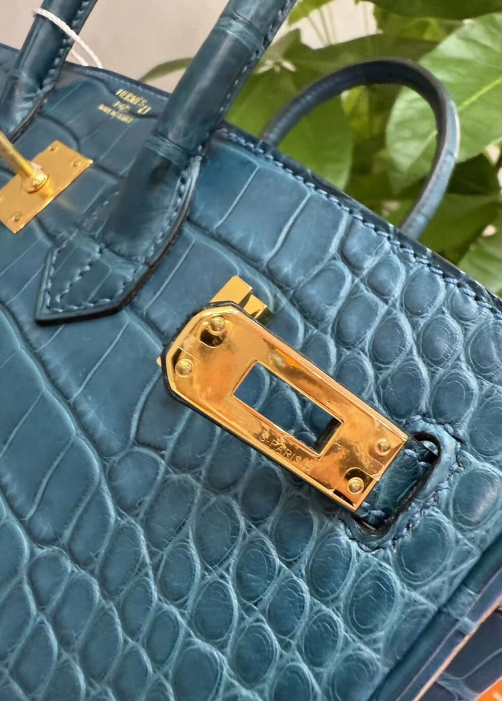Hermes Birkin 25 bleu agate matte alligator gold hardware