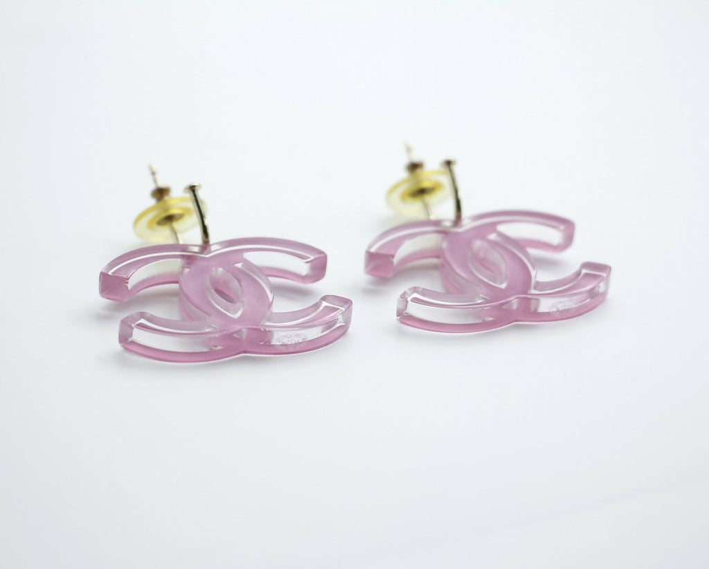Chanel Vintage 07P Resin Pink and Clear Large CC Drop Hoop Earrings