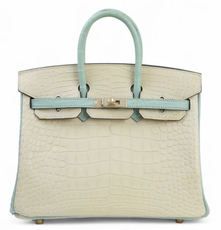 HERMÈS Special Order Birkin 25 Vanille/Vert d’Eau Matte Alligator Leather Permabrass Hardware