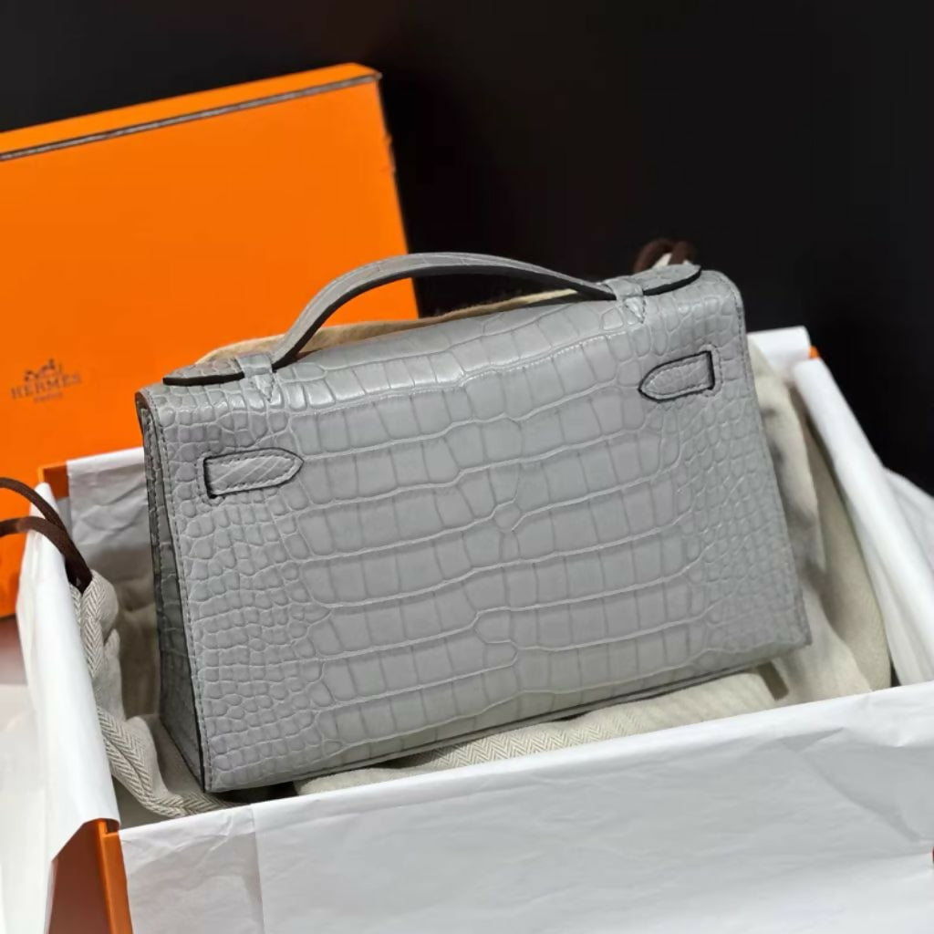 Hermes Mini Kelly Pochette Gris Ciment Matte Alligator Leather Palladium hardware