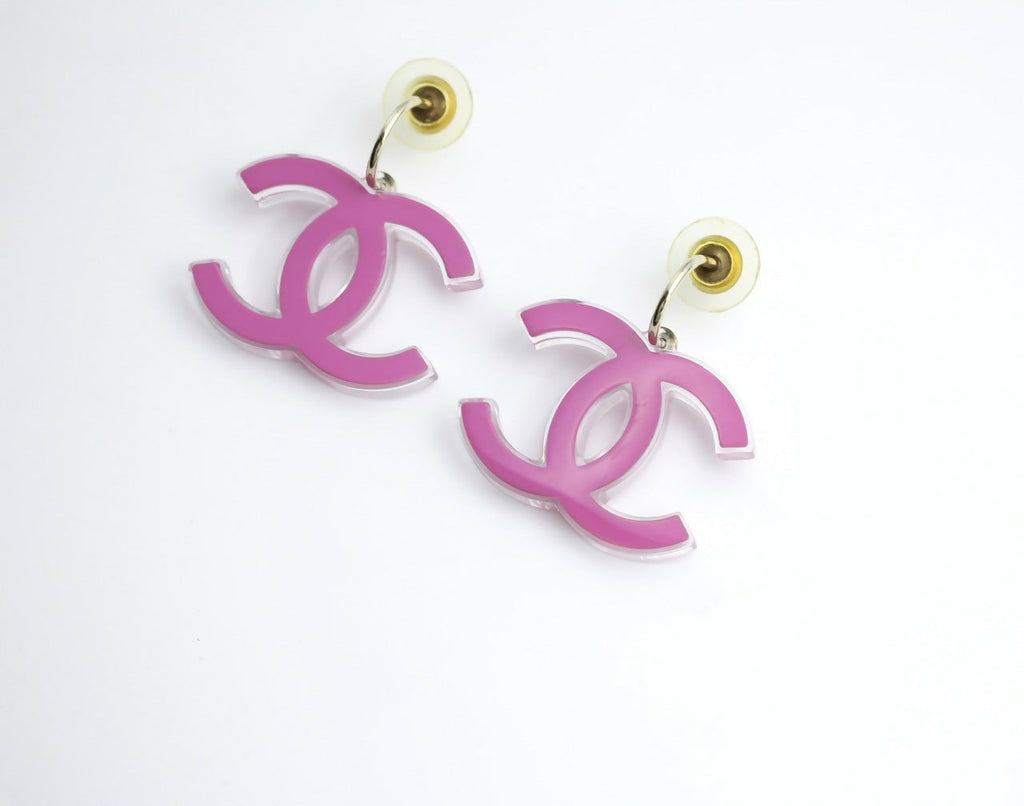 Chanel Vintage 07P Resin Pink and Clear Large CC Drop Hoop Earrings
