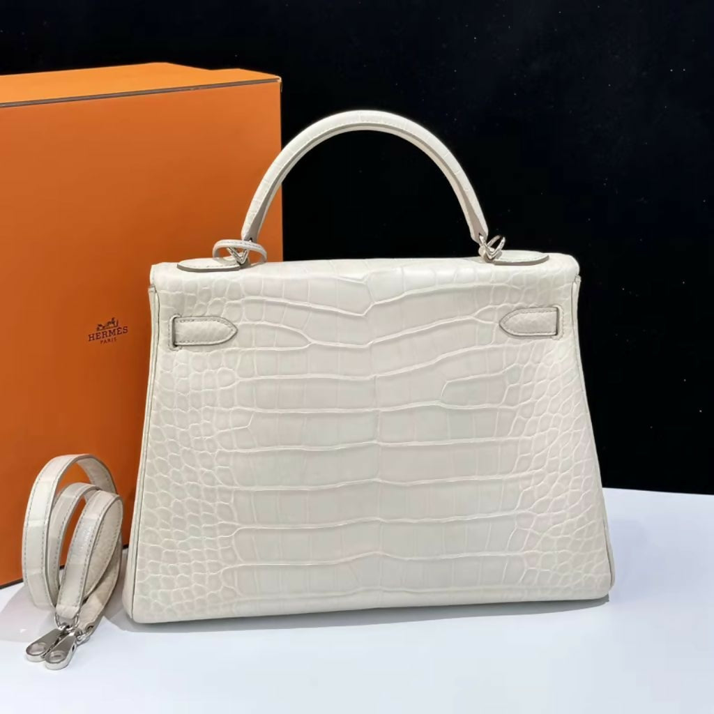 Hermes Kelly 32 Béton Matte Crocodile leather palladium hardware