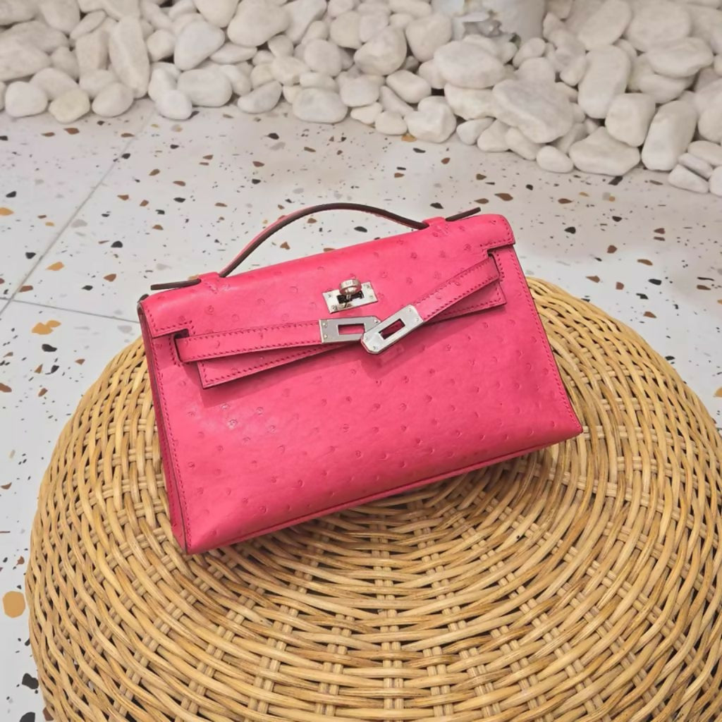 Hermes Mini Kelly Pochette Pink Ostrich Leather Palladium Hardware