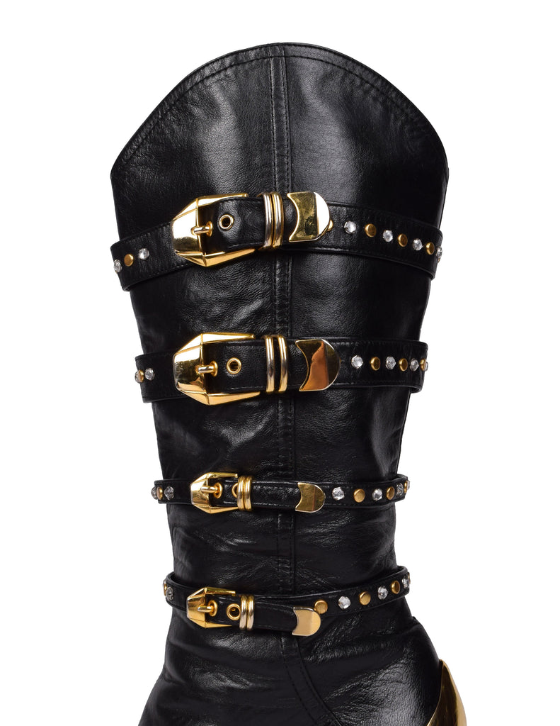 Gianni Versace Vintage AW 1992 Miss S&M Iconic Black Leather Studded Buckle Bondage Boots