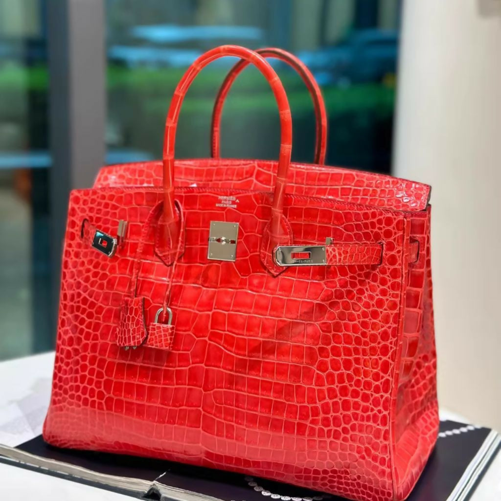 Hermès Birkin 35 D5 Red Shiny Crocodile Leather Palladium hardware