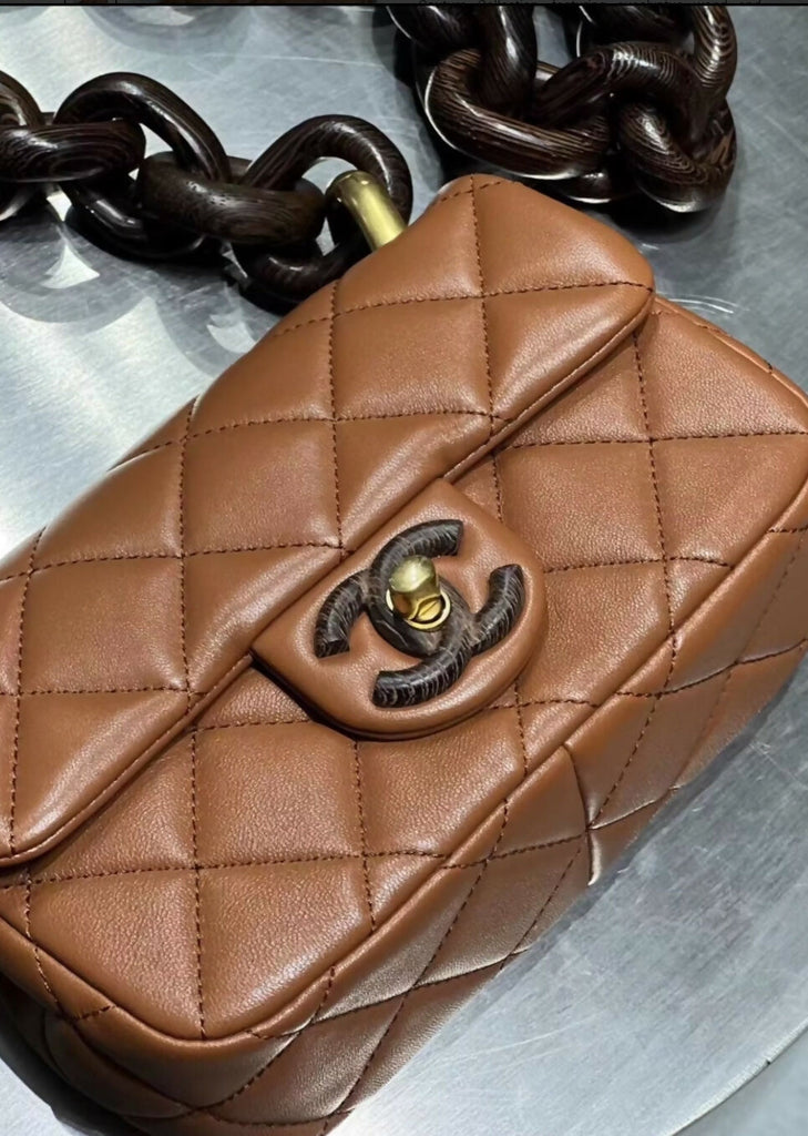 CHANEL CARAMEL BROWN PARIS-DAKAR WENGE WOOD MINI RECTANGULAR FLAP BAG