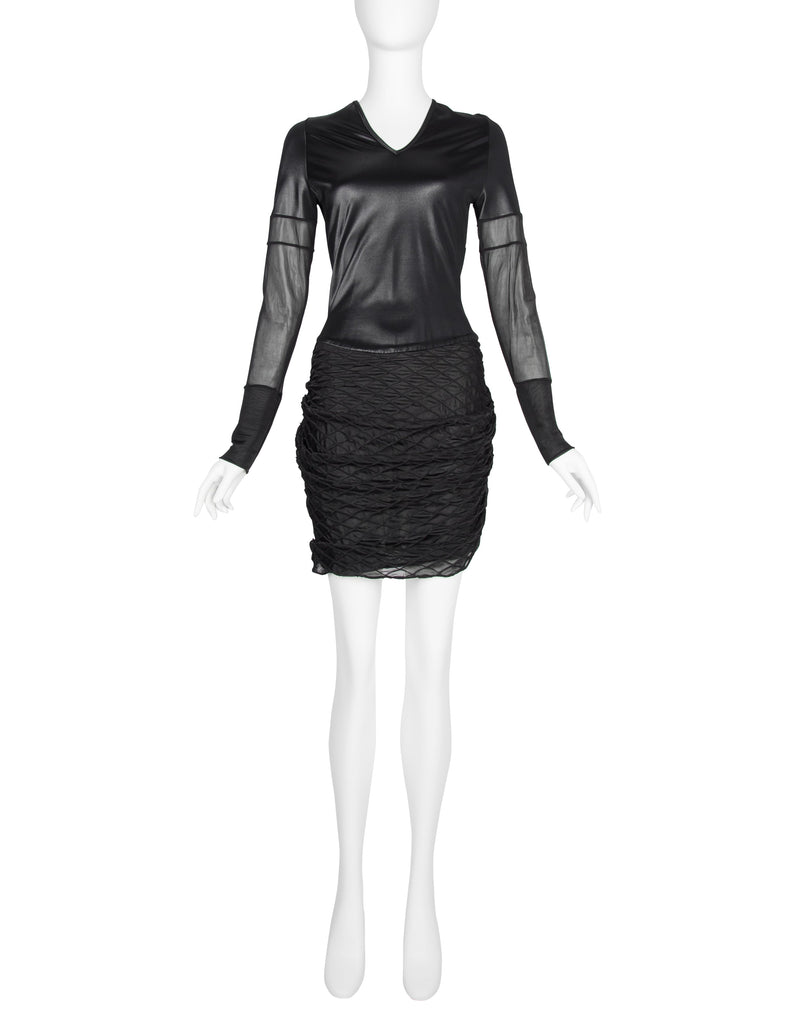 Helmut Lang Vintage 1992 Liquid Stretch Sheer Paneled Diamond Stitched Dress